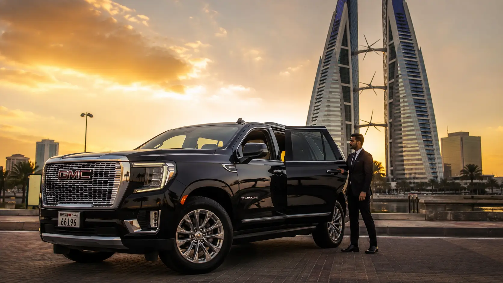 Black GMC Yukon luxury chauffeur SUV at Bahrain World Trade Center